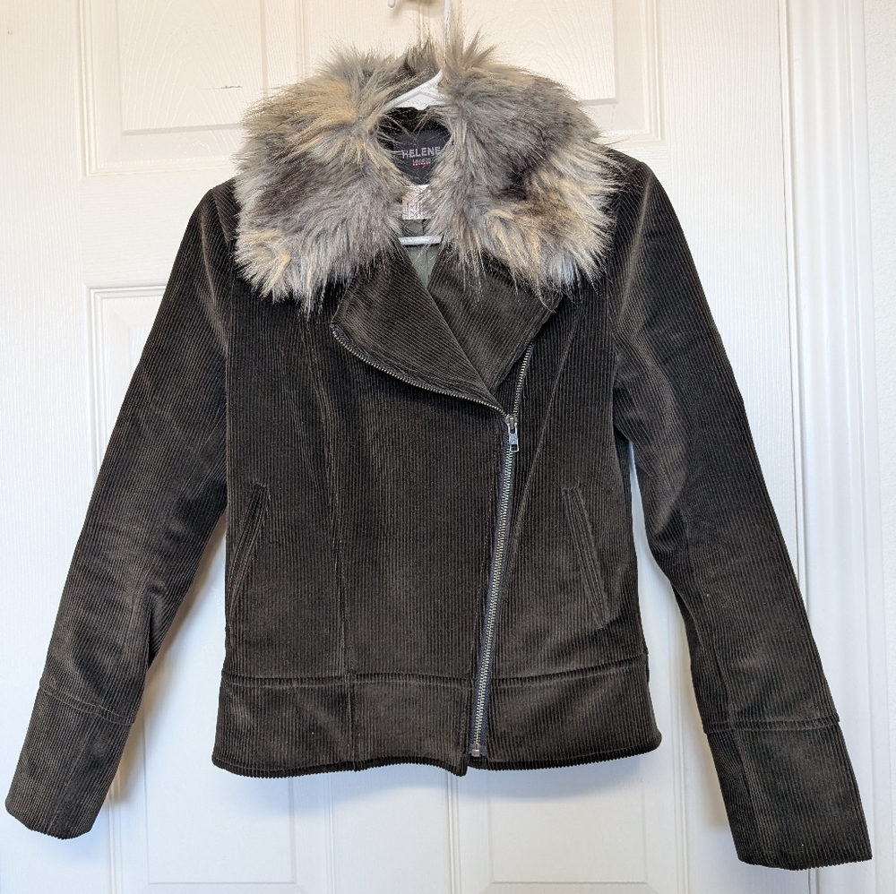 Helene Berman Faux Fur Collar Biker Dark Olive Brown Corduroy Full Zip Jacket XS